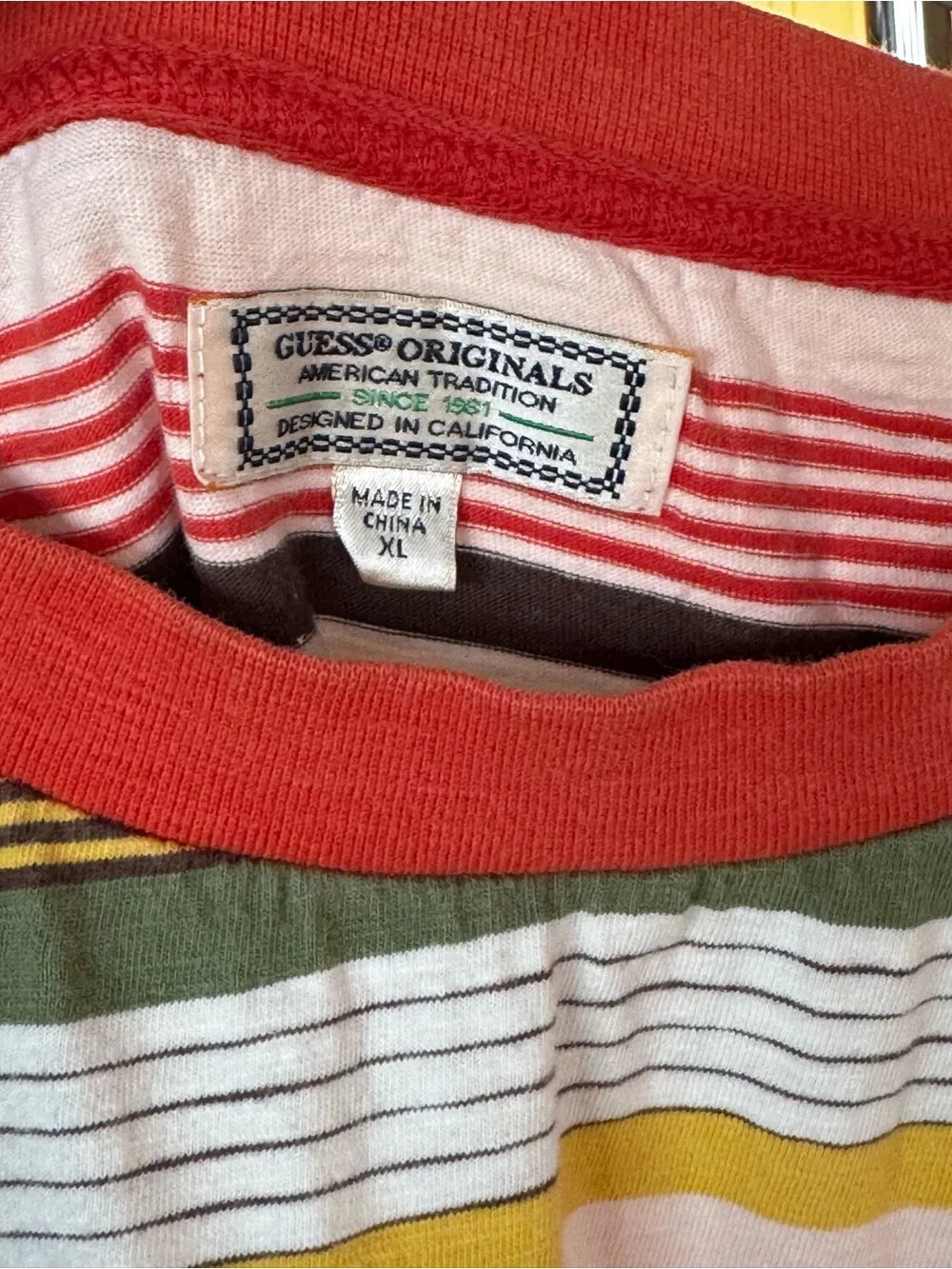 Vintage Guess Striped Logo Tee in Red, Olive & Yellow - Picture 3 of 4
